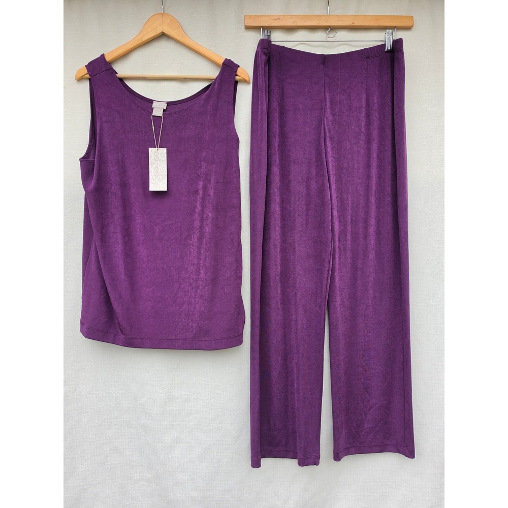 Chicos Travelers Pant Set Womens 3 16 18 Purple Slinky Knit Tank Top Wide Leg